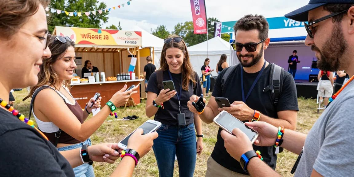 Attendees enjoying a lively festival using pulsera monedero festival bracelets for cashless payments, showcasing vibrant atmosphere.