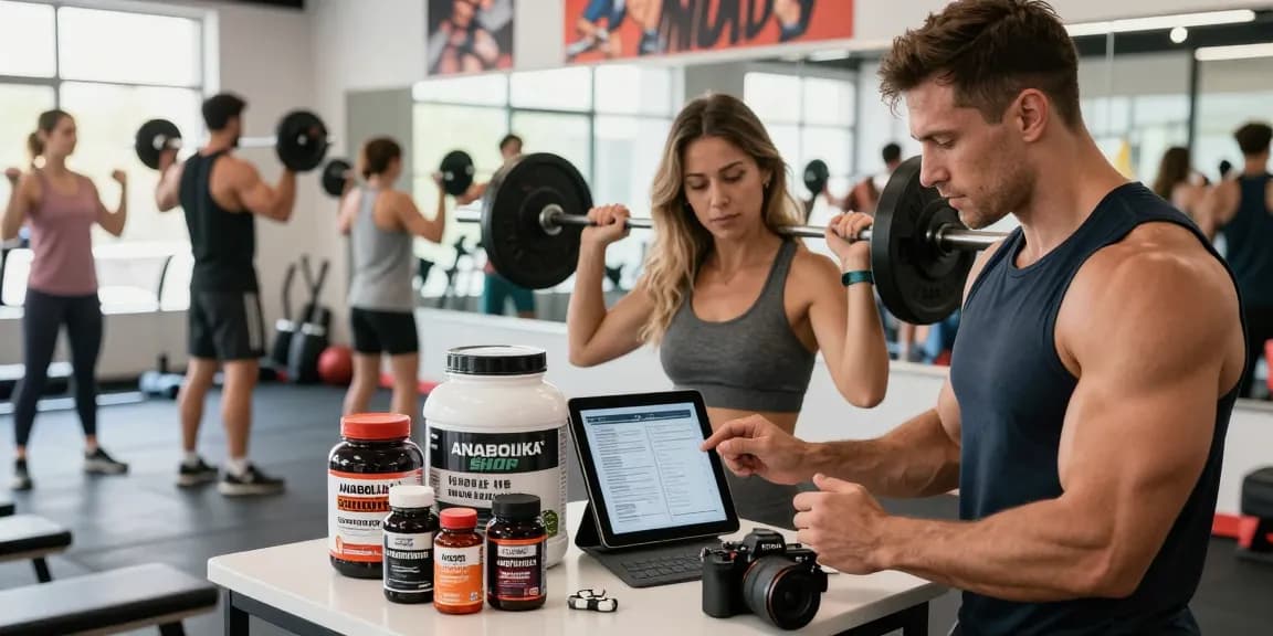 Anabolika Shop products showcased in a dynamic fitness scene with bodybuilders engaging in workouts and supplements.