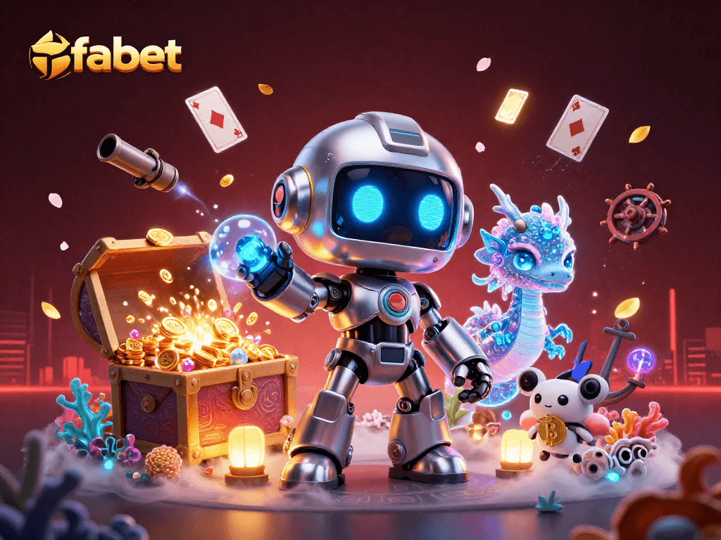 Engage with fabet in a lively 3D casino world filled with gold coins and vibrant gaming elements.