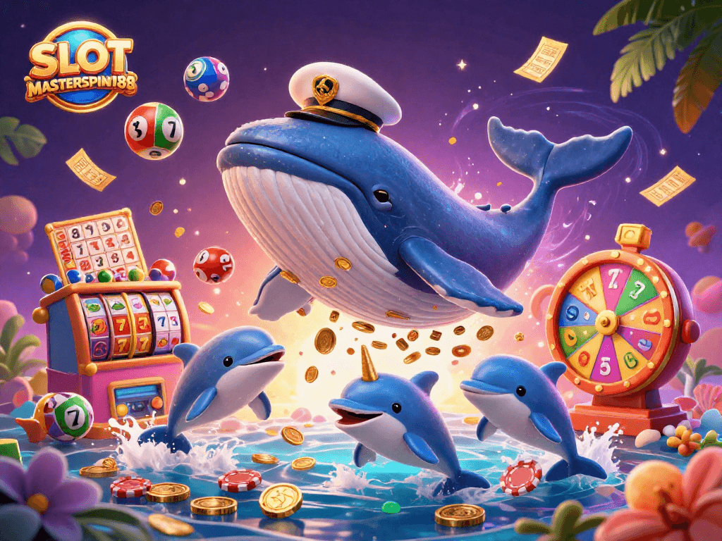 SLOT MASTERSPIN188 showcases a whimsical scene with cartoon characters and vibrant slot reels amidst golden coins.