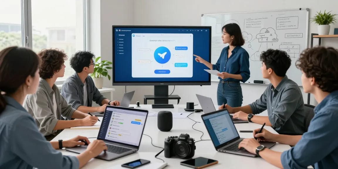 Team brainstorming about Telegram Web Version with screens displaying chat functionalities in a modern office.