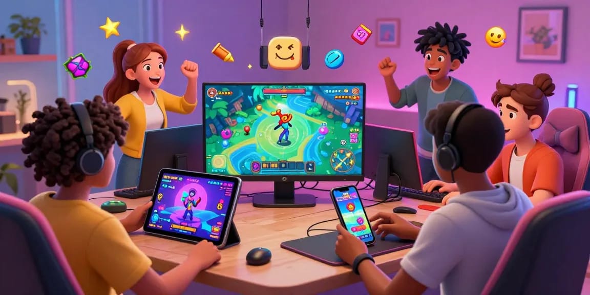 Engaging scene of players enjoying html sex games on various devices in a colorful digital environment.