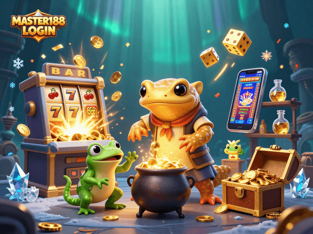 Engage with the thrilling MASTER188 LOGIN experience featuring a vibrant casino scene full of gold and excitement.
