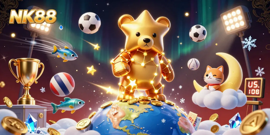 Experience thrilling gameplay at NK88, featuring vibrant 3D illustrations of casino action and vibrant icons.