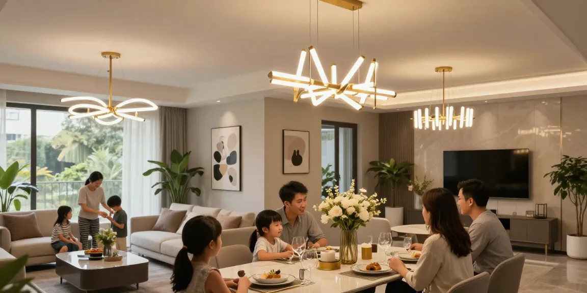 Candelabre LED moderne în living elegant, familie adunată la masă înconjurată de iluminare ambientală caldă.