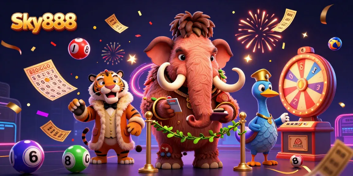 Sky888 casino scene featuring a woolly mammoth checking IDs for a saber-tooth tiger with dynamic lottery elements.