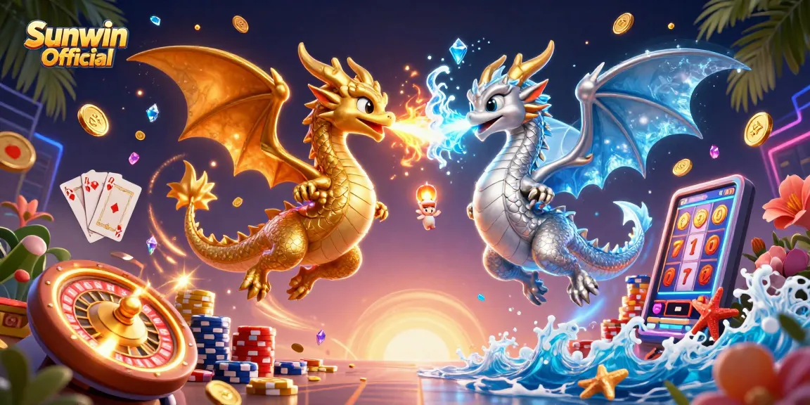 Engage in thrilling gameplay with Sunwin Official as gold and silver dragons create a dynamic casino scene.