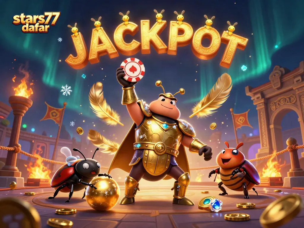 Mengangkat poker chip sebagai simbol kemenangan, bintang 77 daftar dikelilingi oleh koin emas dan efek cahaya dramatis.