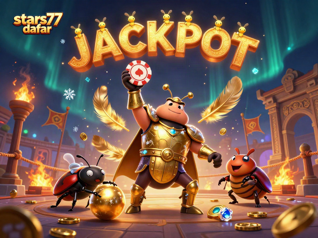 Mengangkat poker chip sebagai simbol kemenangan, bintang 77 daftar dikelilingi oleh koin emas dan efek cahaya dramatis.