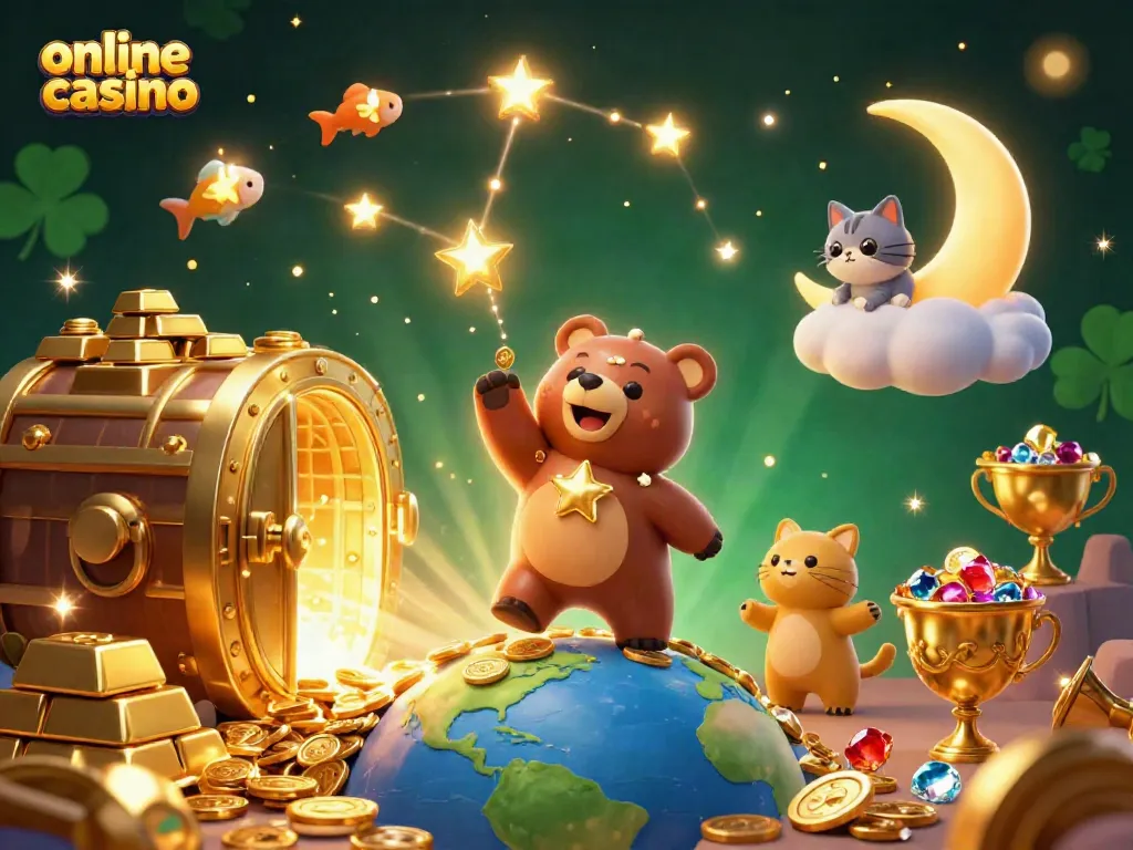 Engage with an enchanting online casino scene featuring a golden constellation bear and vibrant treasures.