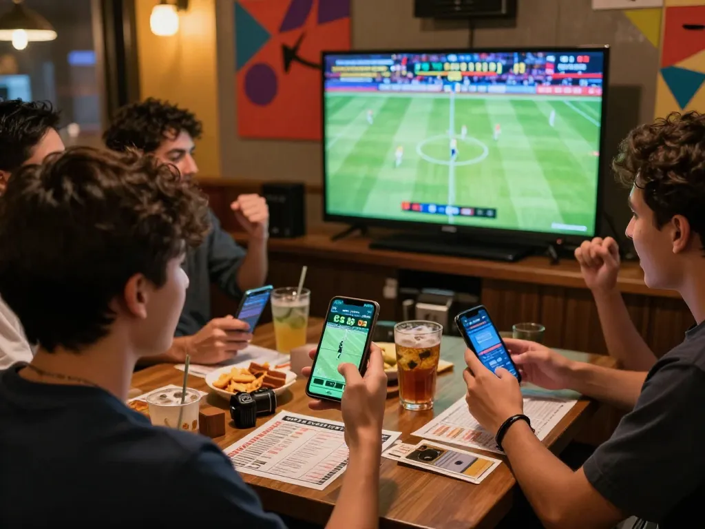 Engaged sports gambler reviewing kèo nhà cái 88 odds on smartphone while watching a live soccer match in a lively sports bar.