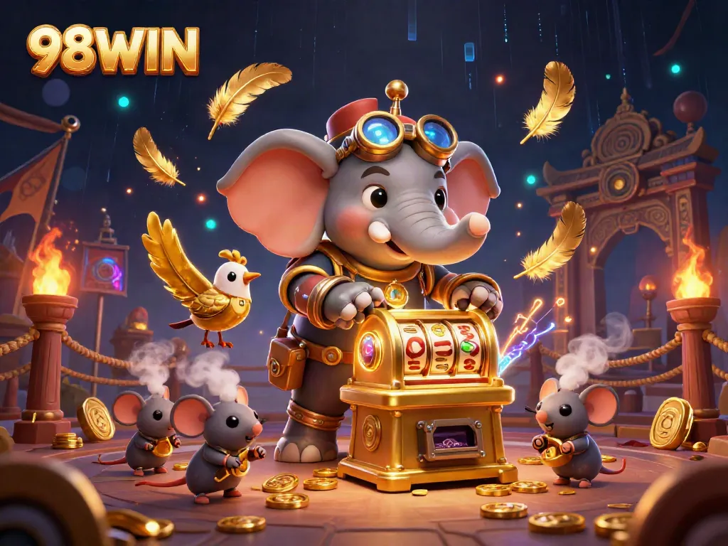 Spin the vibrant 98WIN slot machine with a steampunk elephant and dynamic colorful elements.