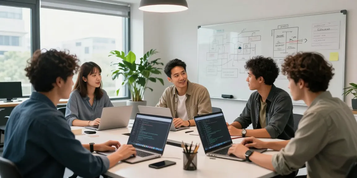Team brainstorming software solutions at telegraimin.com in a modern office.