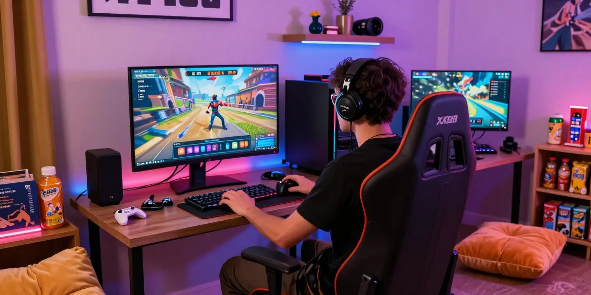 Engaged gamer playing on XX88, surrounded by gaming gear and vibrant lights in a stylish gaming setup.