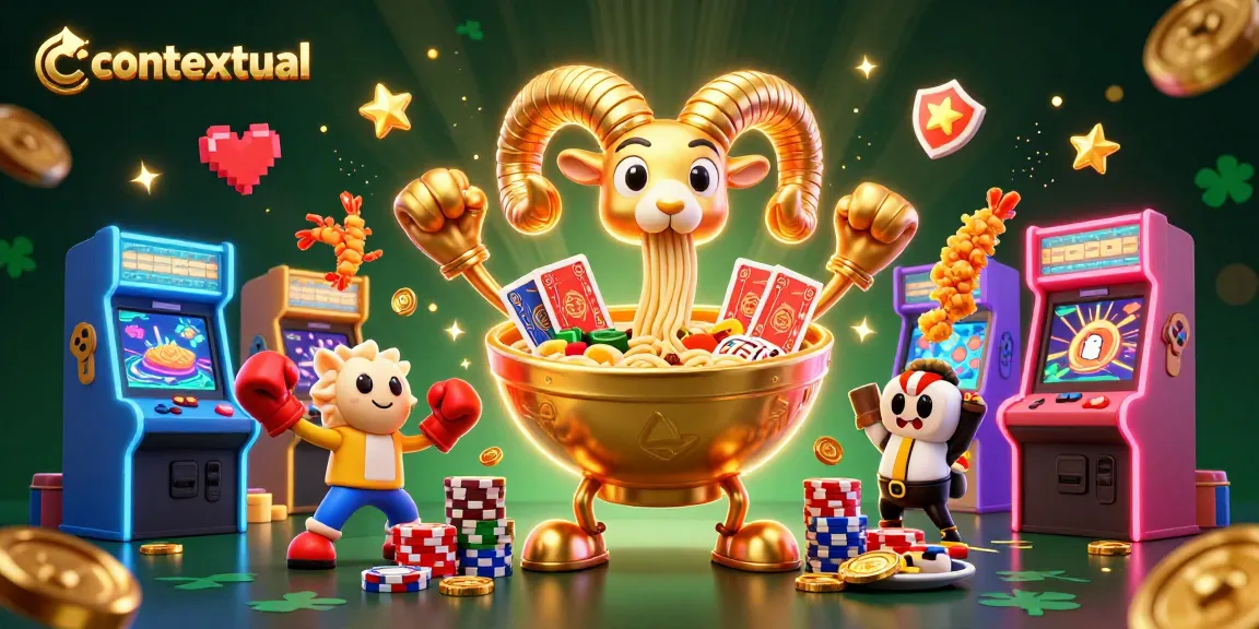 Contextual gaming scene with a giant ramen bowl dealer, colorful arcade machines, and casino-themed elements.