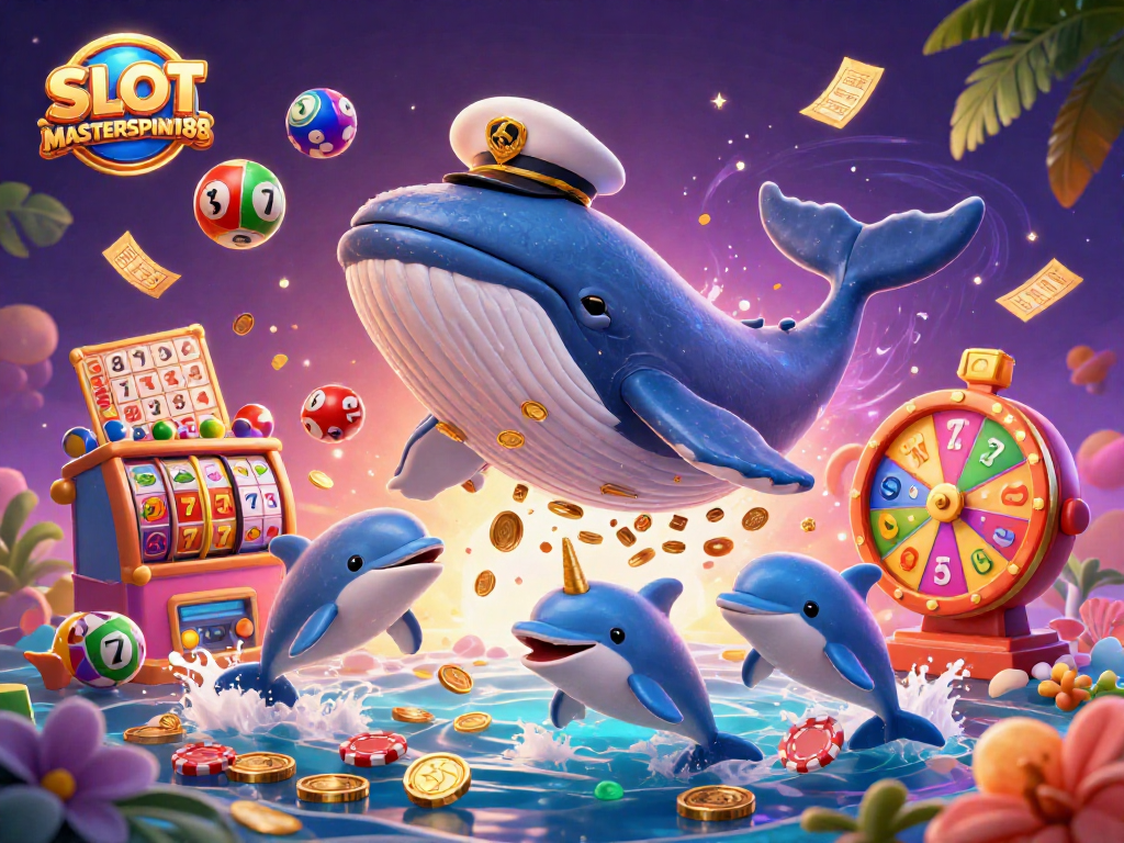 SLOT MASTERSPIN188 showcases a whimsical scene with cartoon characters and vibrant slot reels amidst golden coins.