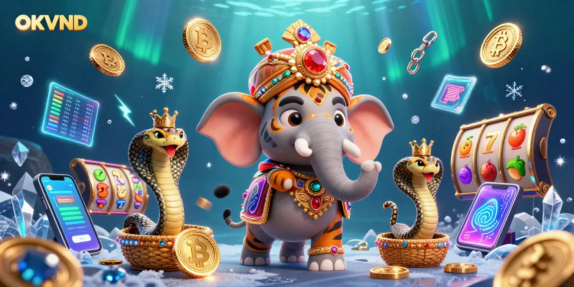 Engage with OKVND's thrilling jackpot offers in a vibrant 3D casino-themed illustration.