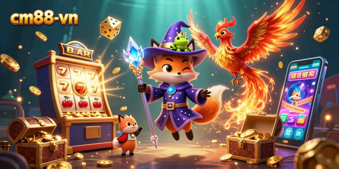 Experience the vibrant 3D world of cm88-vn with a captivating wizard fox and jackpot slot machine.