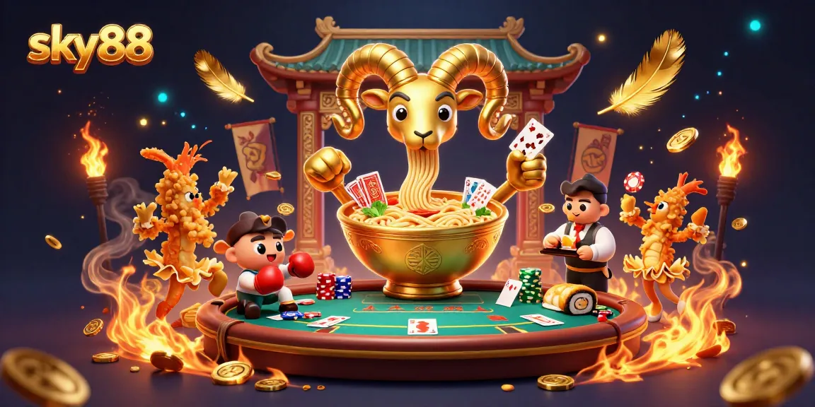Engage with sky88 as a giant ramen bowl dealer amidst exciting poker action and vibrant casino atmosphere.
