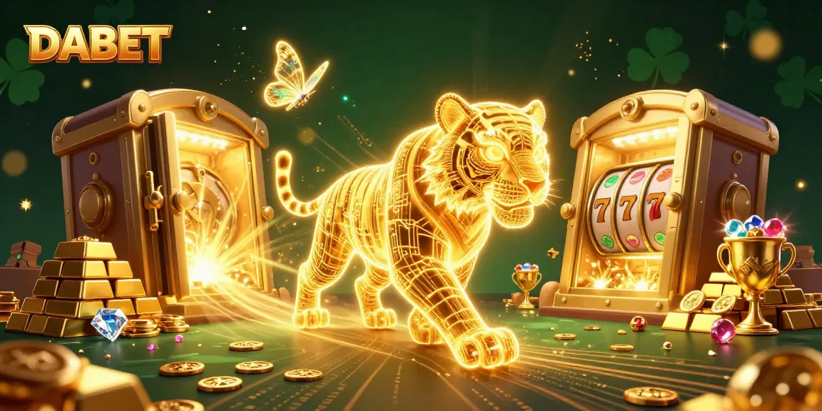 Bet on DABET with an electrifying digital casino scene showcasing a golden tiger amidst treasures.