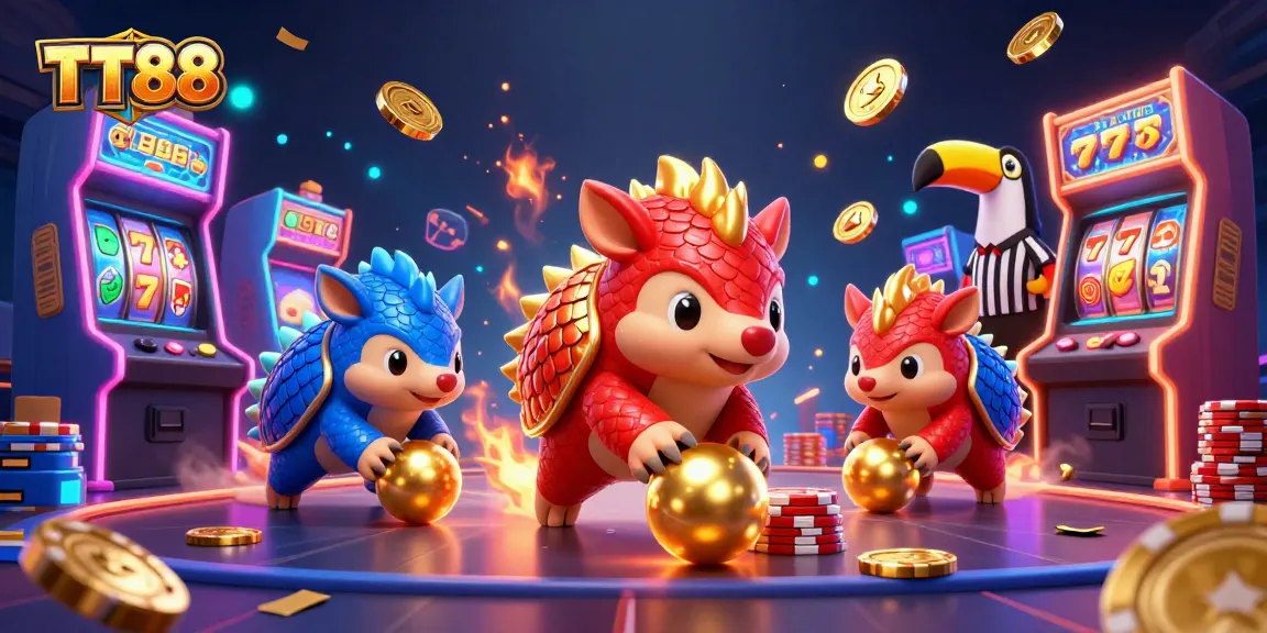 Experience thrilling gaming action at TT88 with pangolins rolling through poker chips in a vibrant casino.