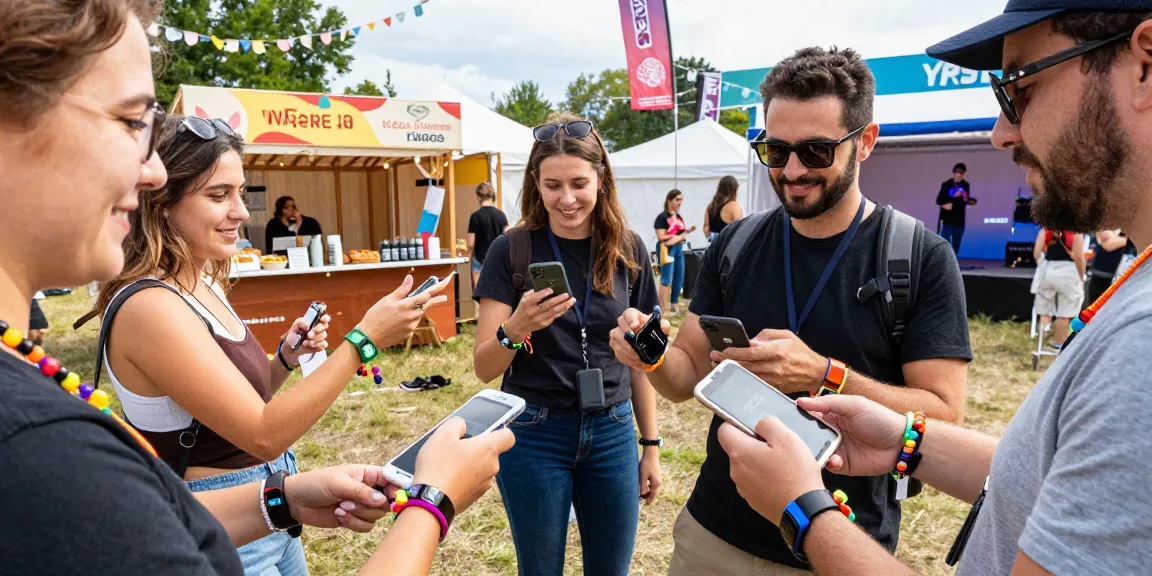 Attendees enjoying a lively festival using pulsera monedero festival bracelets for cashless payments, showcasing vibrant atmosphere.