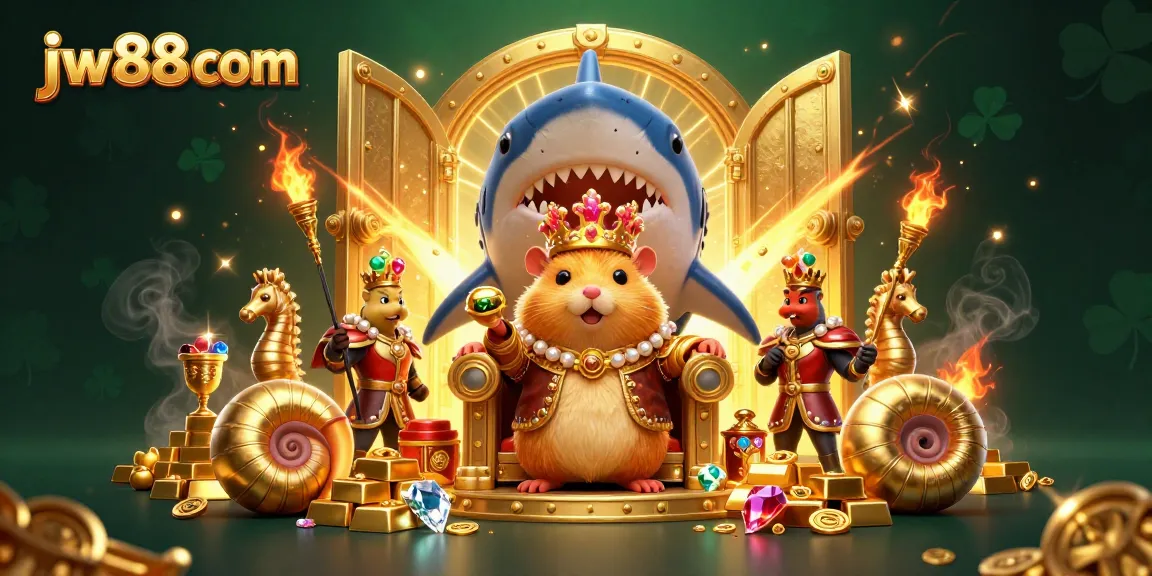 Experience the excitement at jw88 com with vibrant casino-themed illustration showcasing a hamster king and treasure.