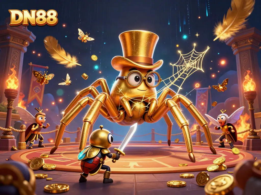 Engage with DN88's thrilling online casino world featuring a whimsical golden tarantula, beetle knight, and vibrant gaming elements.