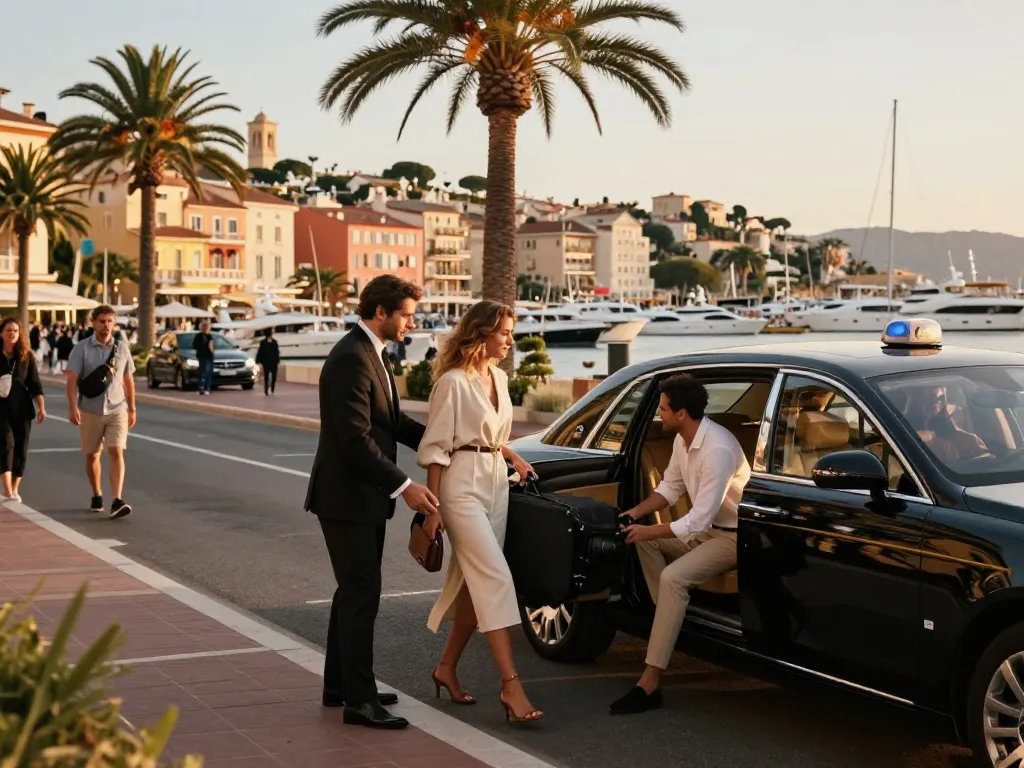 Service de taxi de luxe à Saint Tropez avec chauffeur professionnel aidant les voyageurs dans le pittoresque Saint-Tropez.