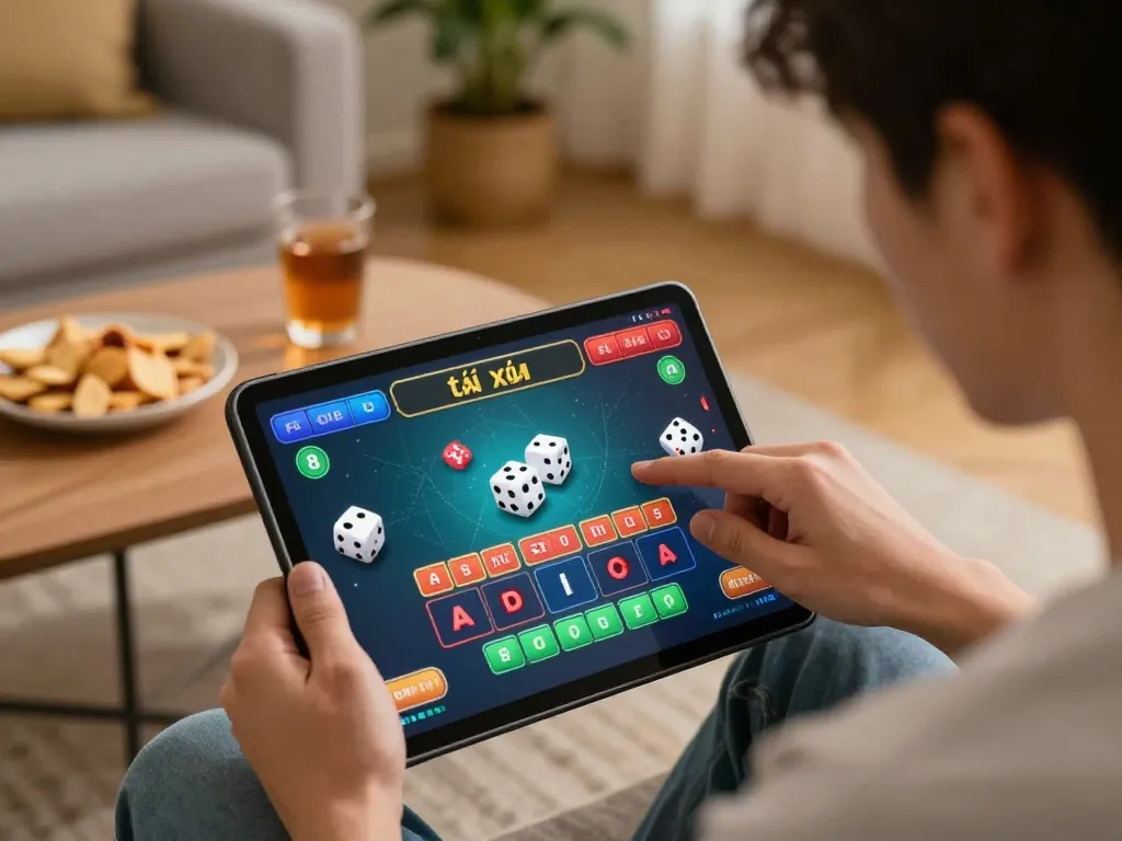 Engaging in game tài xỉu online, player betting on tablet in cozy home setting