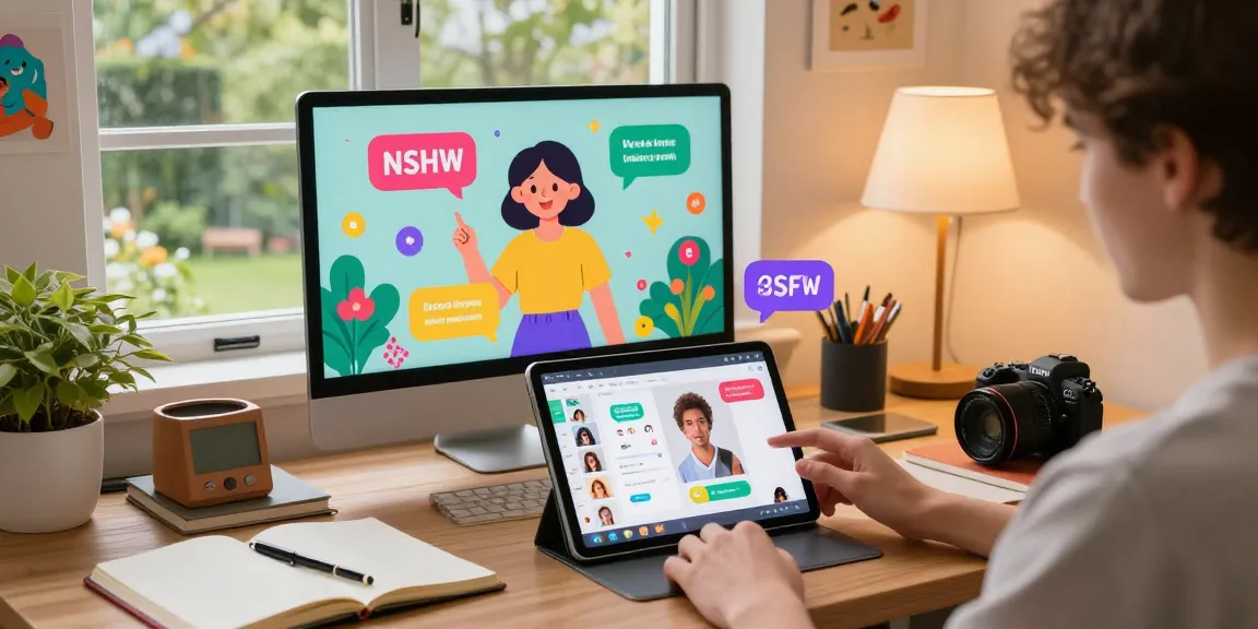 Engaging scene showcasing a person using nsfw character ai on a tablet in a cozy home office.