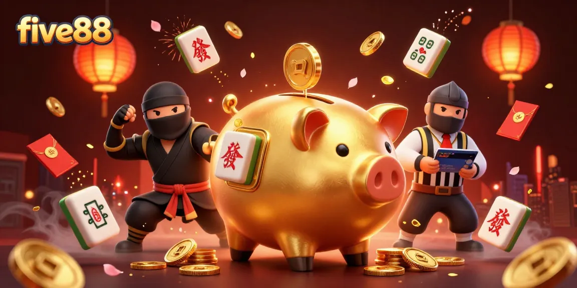 Engage in thrilling five88 gaming with massive golden piggy bank wrestler, coins, and vibrant decorations.