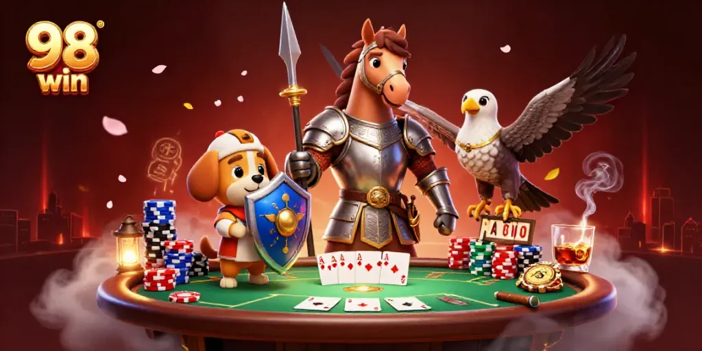 Experience the thrill of the 98 win casino adventure with knights and poker elements.
