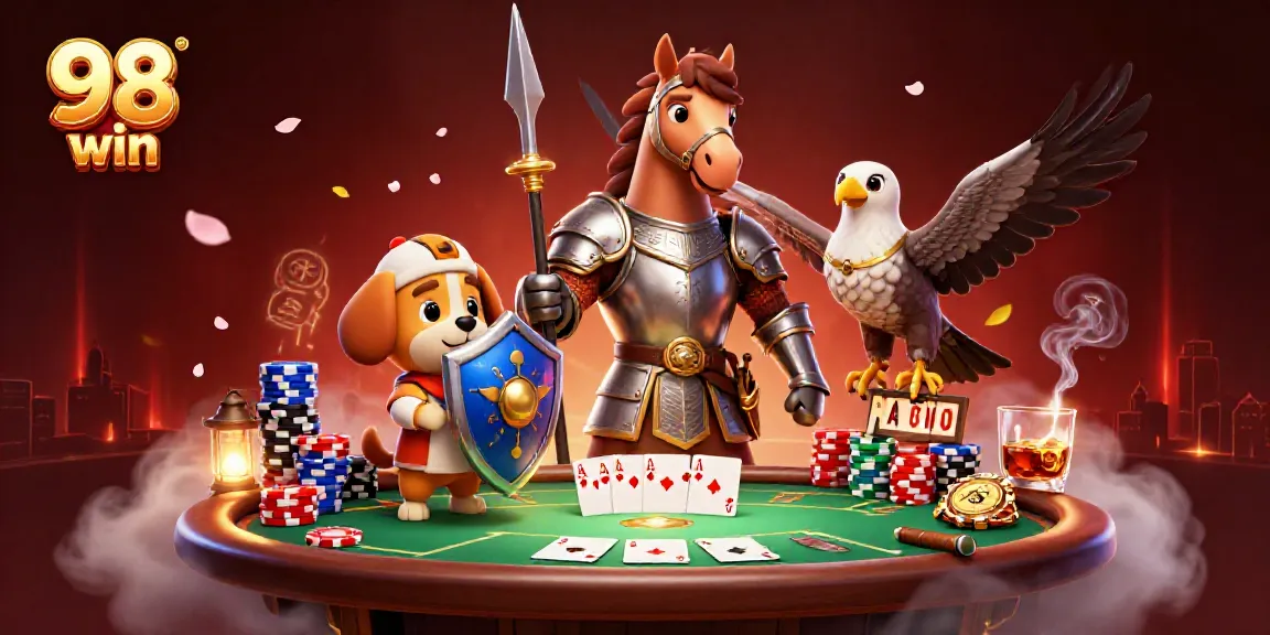 Experience the thrill of the 98 win casino adventure with knights and poker elements.
