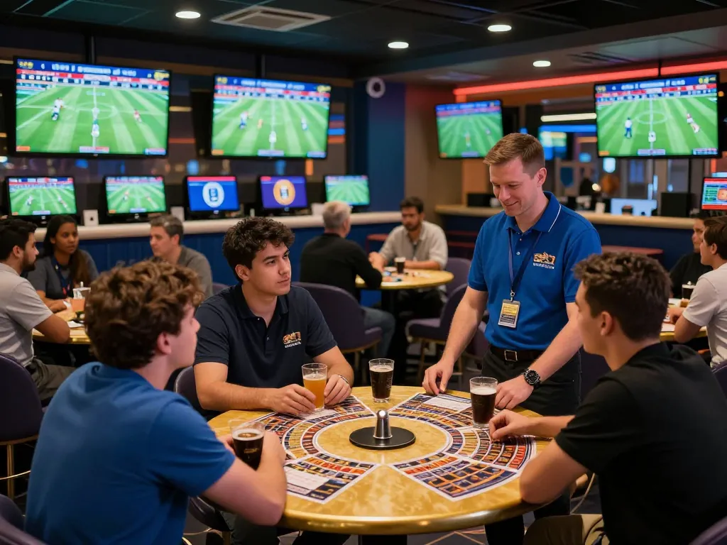 Engaged bettors analyzing odds for ty le keo nha cai in a lively sports betting lounge.