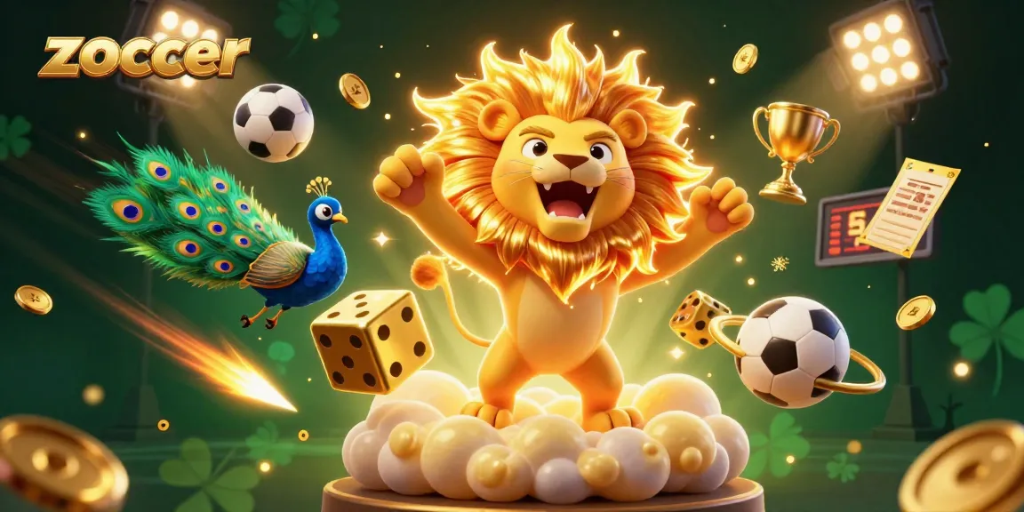 Engage with the zoccer gaming experience, featuring a sun lion and dynamic sports-themed elements in 3D.