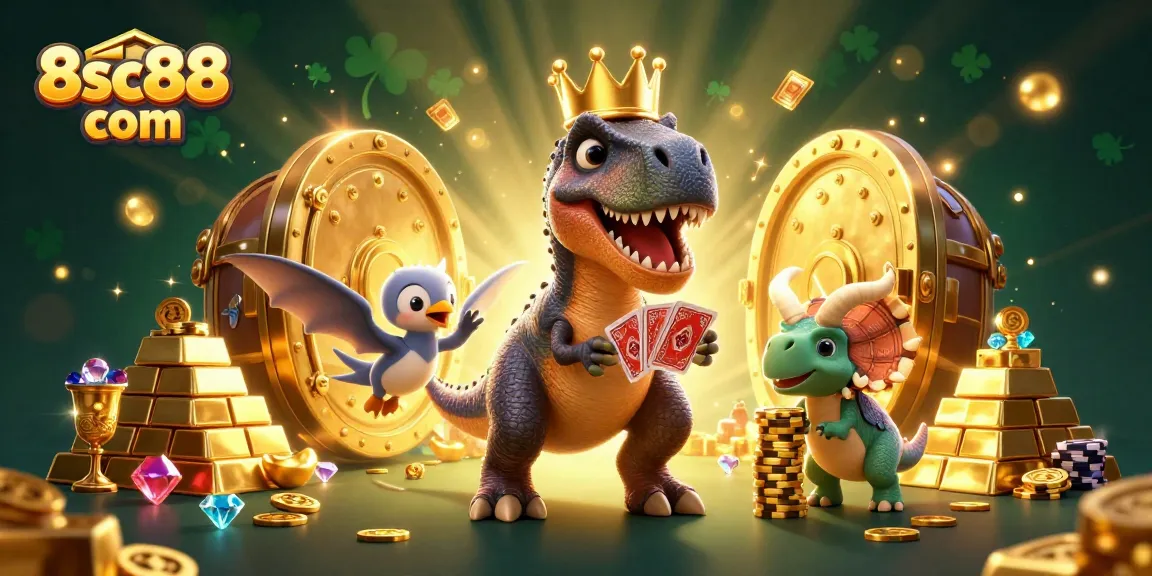 Experience exciting gambling at 8sc88 com with vibrant 3D characters, gold treasures, and casino elements.