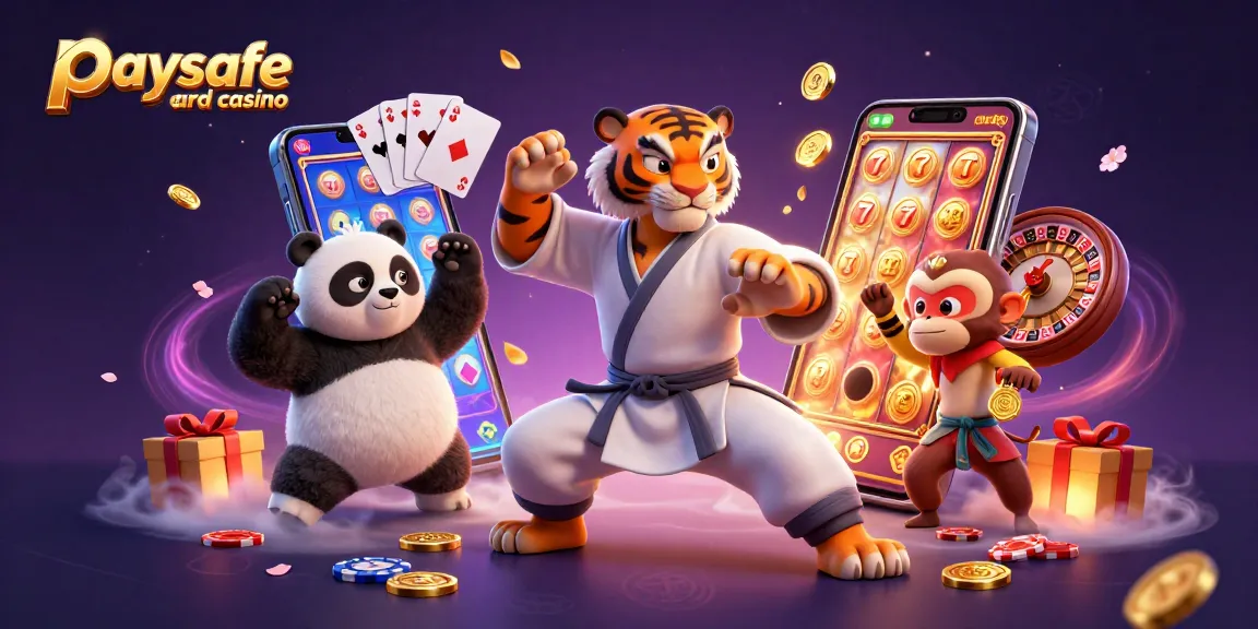 Erleben Sie das aufregende Paysafe Card Casino-Erlebnis, während ein Kung-Fu-Tiger die Spieler in einer dynamischen 3D-Szene anführt.