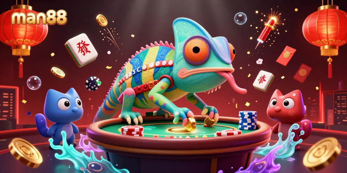 Experience the thrill at man88 with vibrant casino elements and a colorful chameleon captivating winnings.