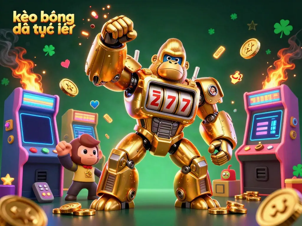 Experience the excitement of kèo bóng đá trực tuyến with a dynamic illustration featuring a golden gorilla mech symbolizing sports betting.