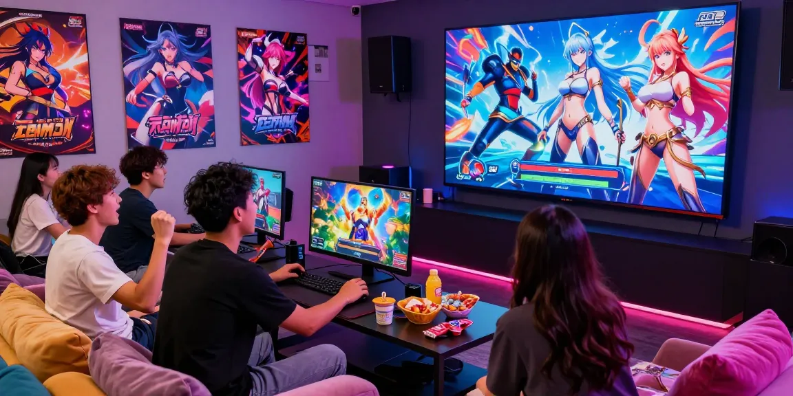 Engaged group playing hentai games in a vibrant gaming room with snacks, joyful expressions, and colorful game posters.