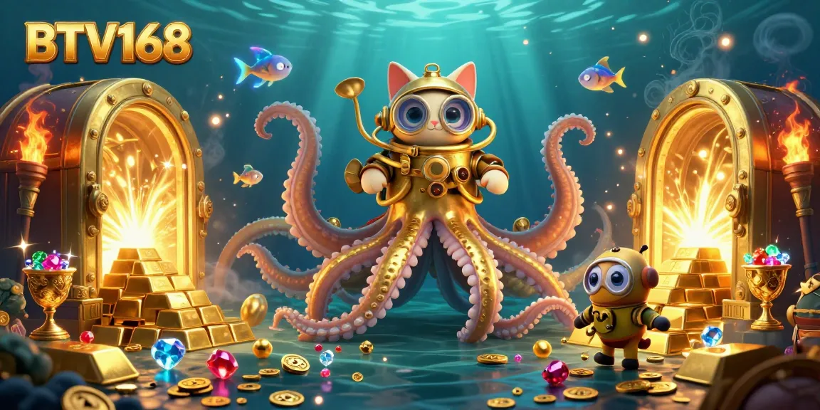 Join the underwater adventure with BTV168, showcasing a kraken and diving cat among treasures.