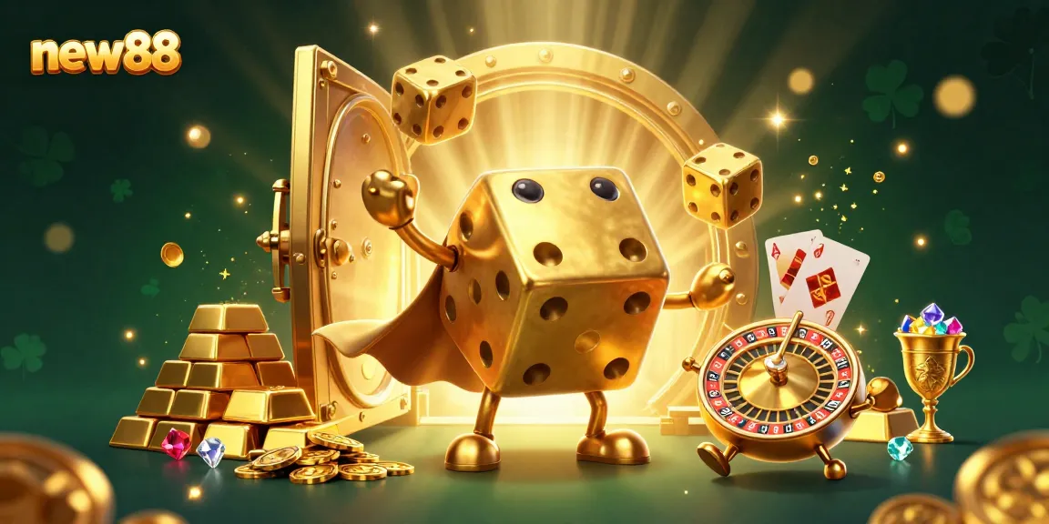 Experience thrilling wins at new88 with a dynamic scene of golden dice, treasure, and casino excitement.