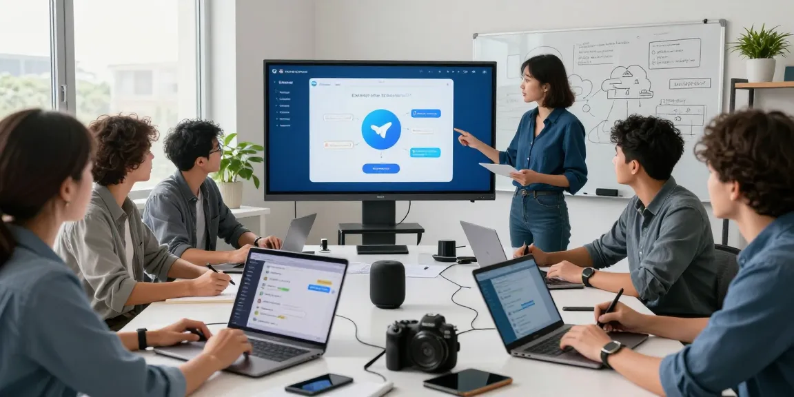 Team brainstorming about Telegram Web Version with screens displaying chat functionalities in a modern office.