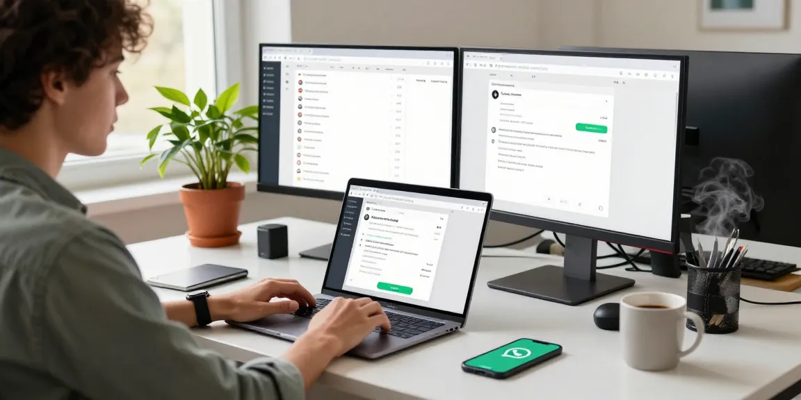 Engaged professional using WhatsApp網頁版 on laptop in a modern workspace.