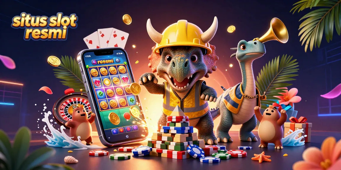 Experience situs slot resmi excitement as a triceratops builds a tower of poker chips in a vibrant casino scene.