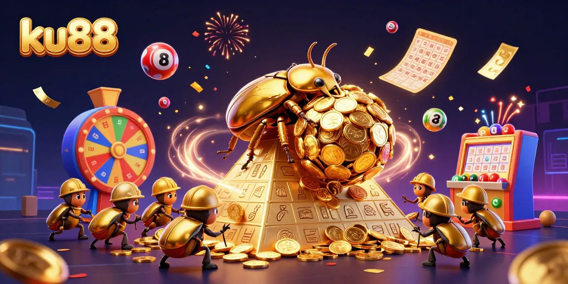 Experience the excitement of ku88 with a golden dung beetle and vibrant lottery elements in a 3D casino scene.
