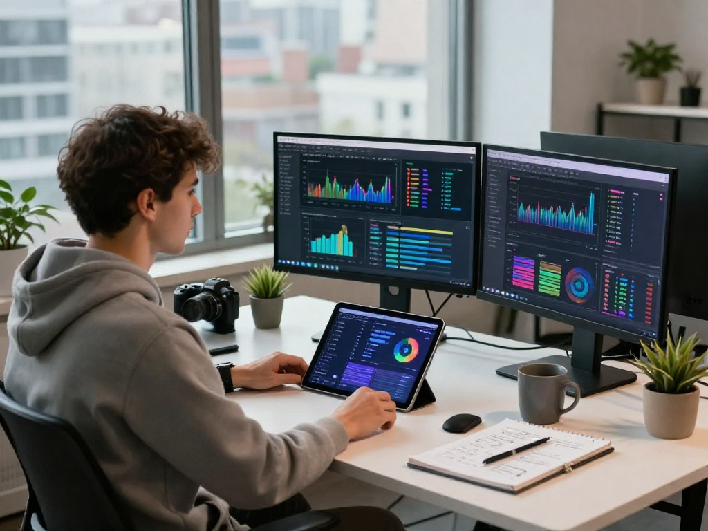 Developer working on fintech solutions at debet com, showcasing a dynamic digital workspace.