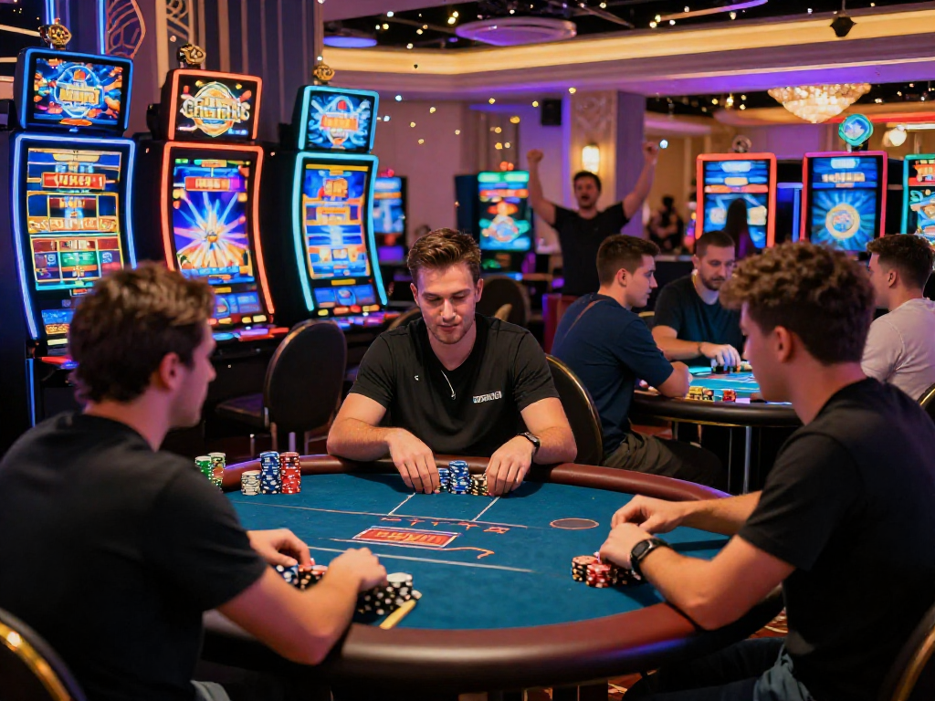 Scena di gioco online nei nuovi casino non AAMS con tavoli da poker e slot luminose.