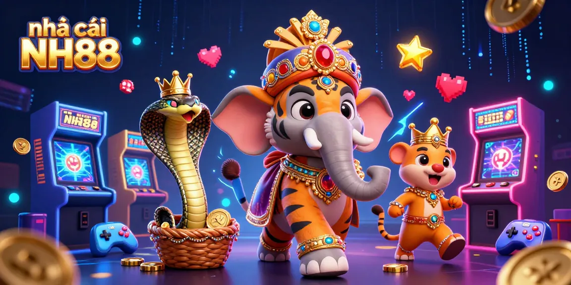 Experience the thrill with nhà cái NH88 in a vibrant 3D casino illustration featuring a majestic maharaja tiger and exotic elements.
